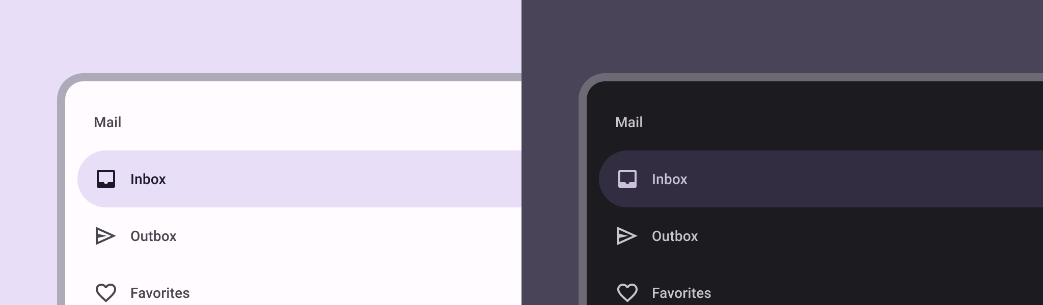 An example of a Material Design 3 navigation drawer in light and dark mode.