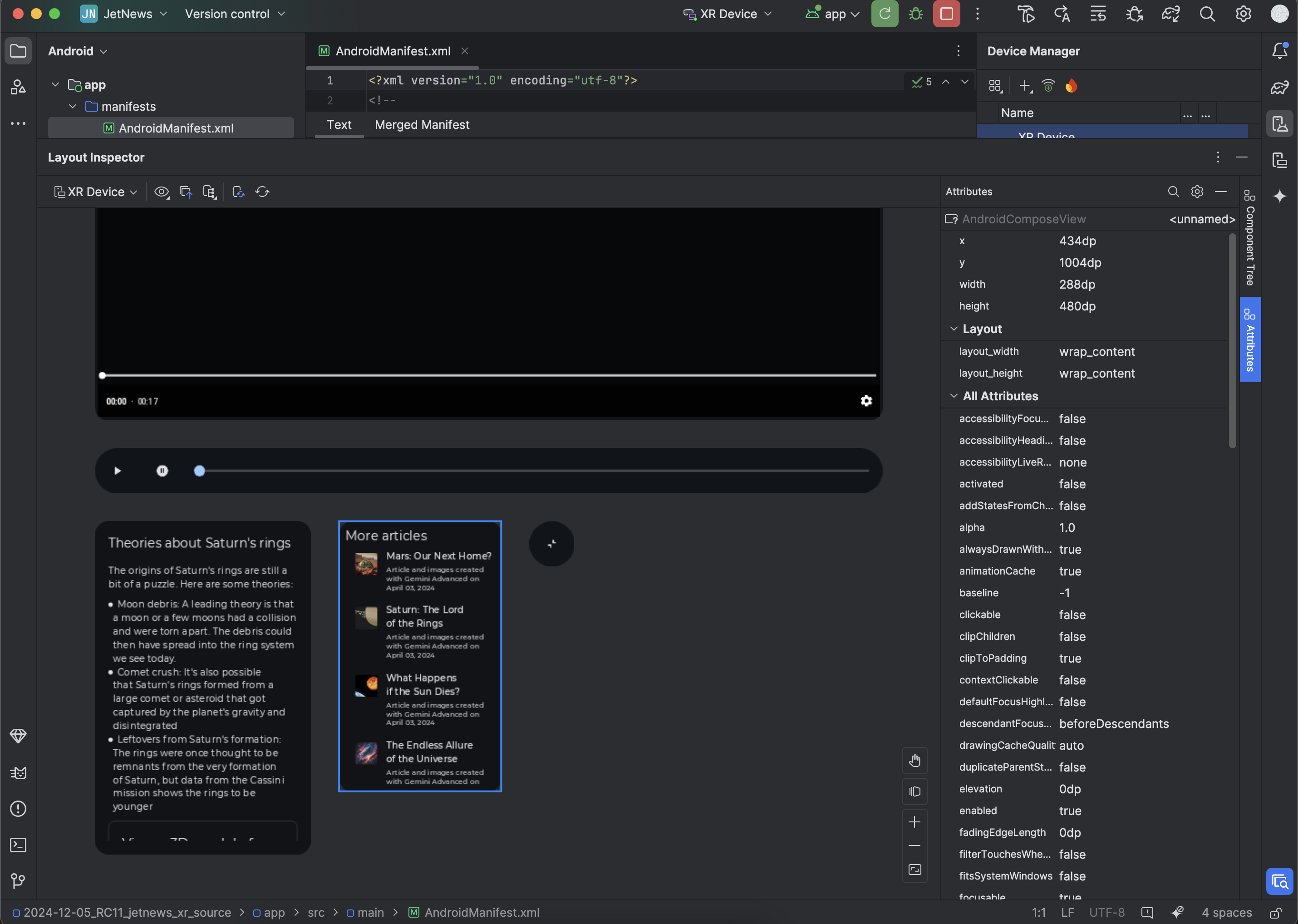 Android Studio window with the Layout Inspector open and the Attributes panel visible.