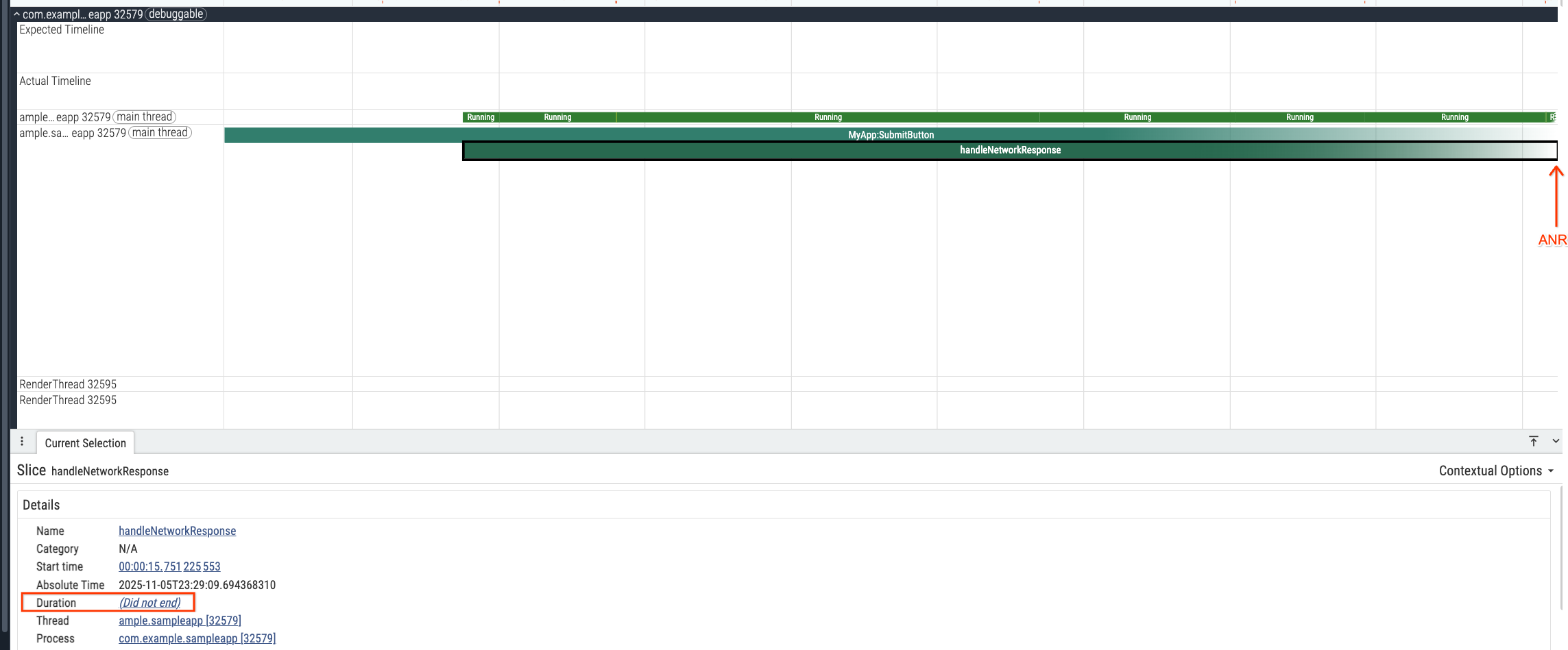 Perfetto UI showing the end of a trace, highlighting the ANR trigger
 location.