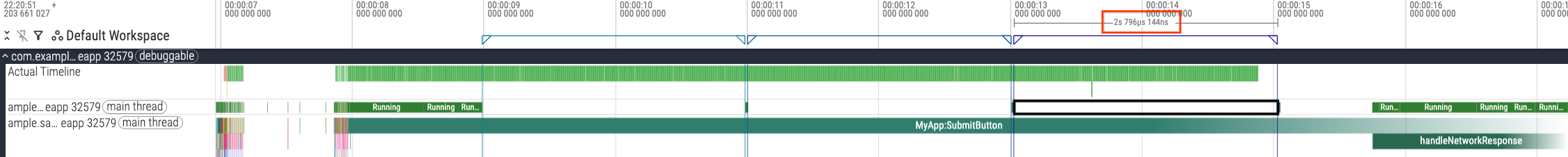 Perfetto UI showing the third sleeping interval within the
 MyAppSubmitButton trace slice.